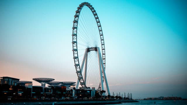 A large Ferris wheel against a blue sky, with buildings and a waterfront in the foreground