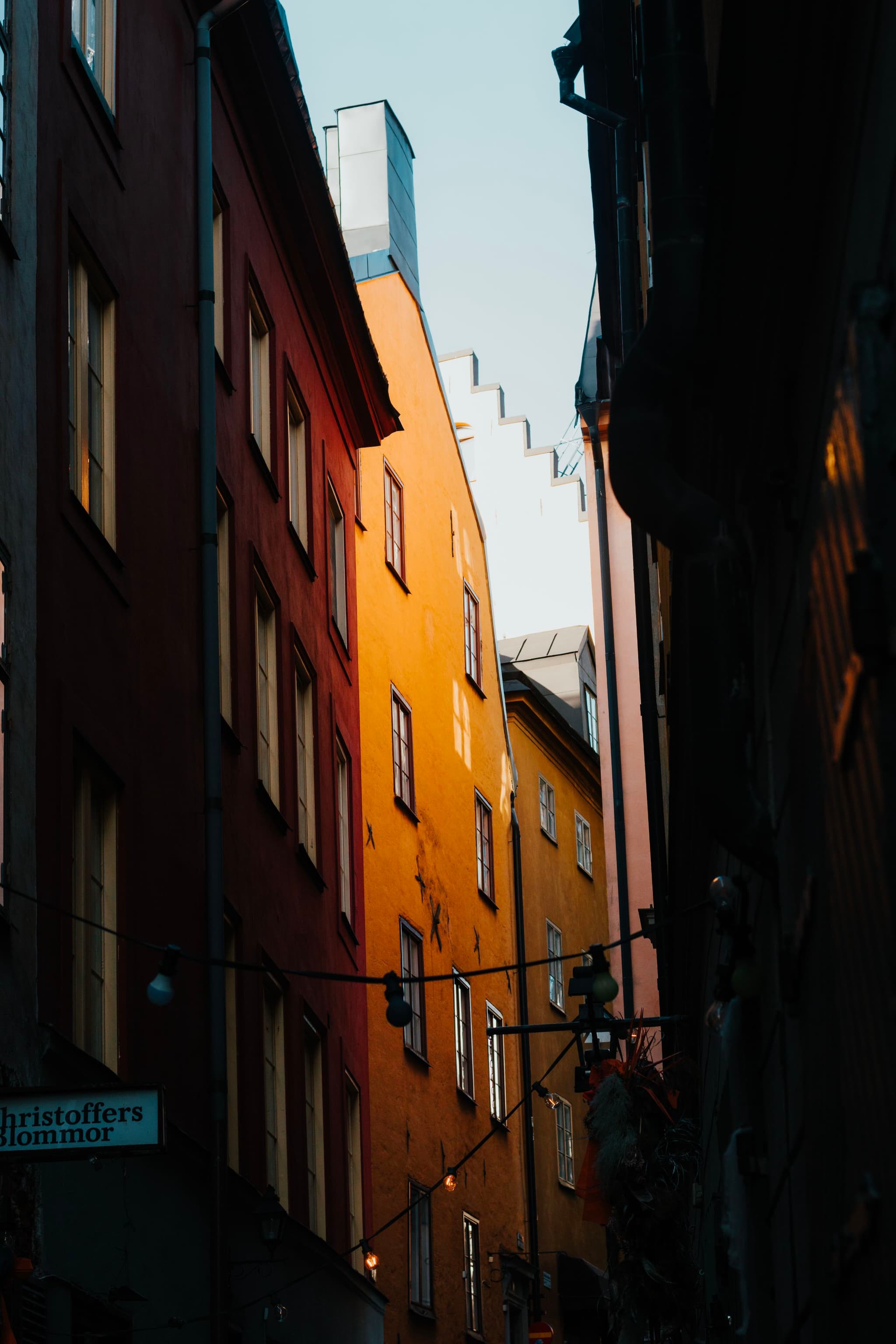 A narrow alley flanked by tall, colorful buildings basking in the golden light of the setting or rising sun, creating a sharp contrast with the shaded areas